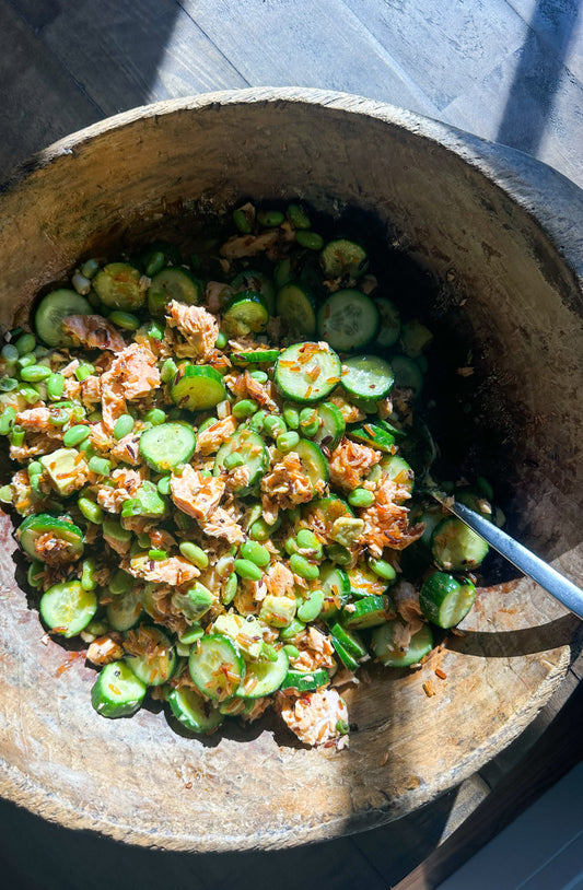 Crispy Rice Salmon Cucumber Salad with Creamy Asian Dressing