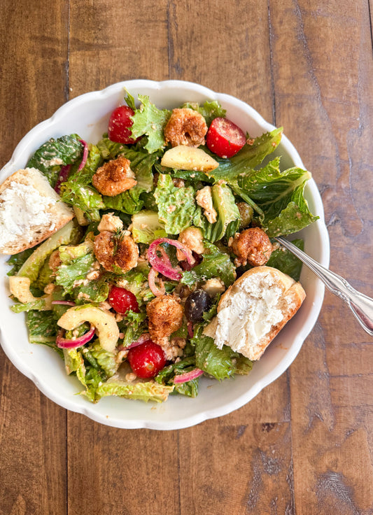 Greek Shrimp Salad with Lemon Dill Balsamic (Wellville copycat)