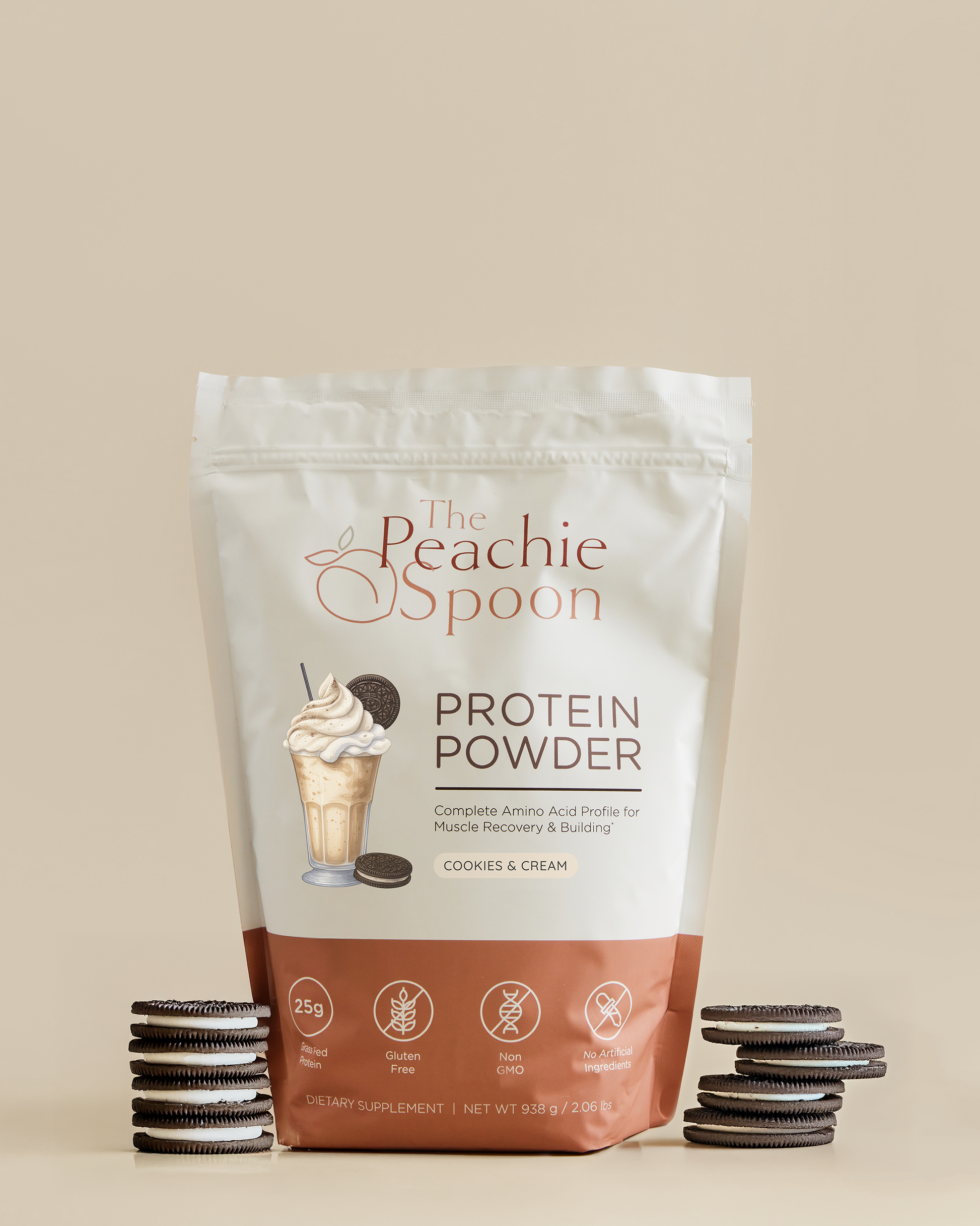 Protein powder package with cookies and cream flavor on a beige background
