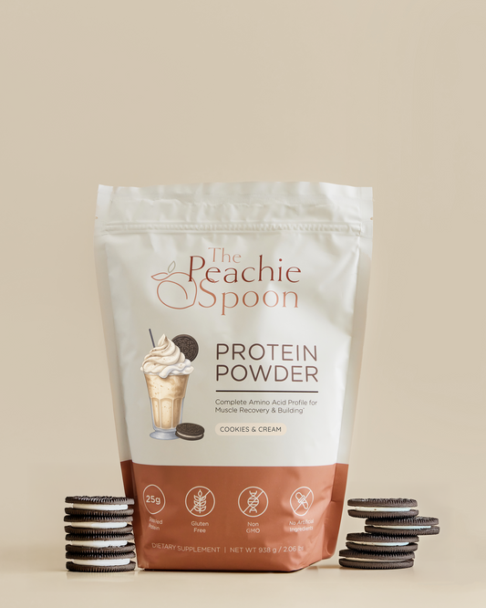 Protein powder package with cookies and cream flavor on a beige background